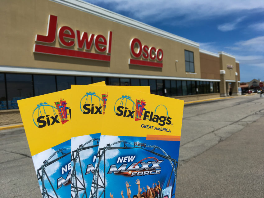 jewel osco store front with six flags ticket brochures in the foreground